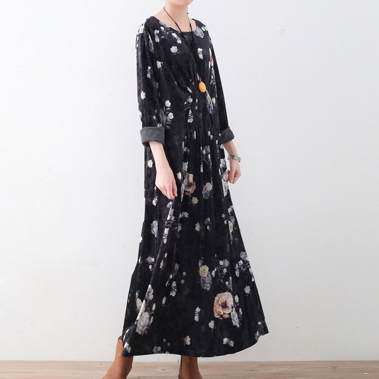 fashion black corduroy dresses oversize prints maxi dress boutique patchwork kaftans