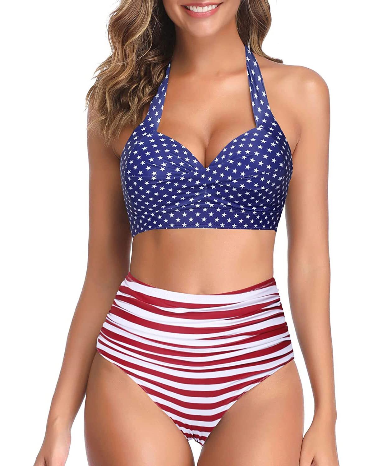 TYPE-01 Women Two Piece Vintage Swimsuit Retro Halter Ruched High Waist Bikini with Bottom