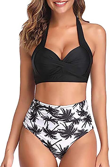 TYPE-02 Women Two Piece Vintage Swimsuit Retro Halter Ruched High Waist Bikini with Bottom