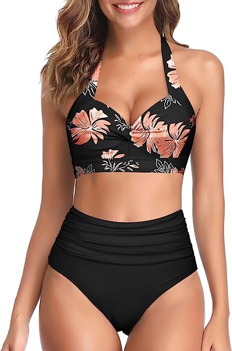 TYPE-03 Women Two Piece Vintage Swimsuit Retro Halter Ruched High Waist Bikini with Bottom