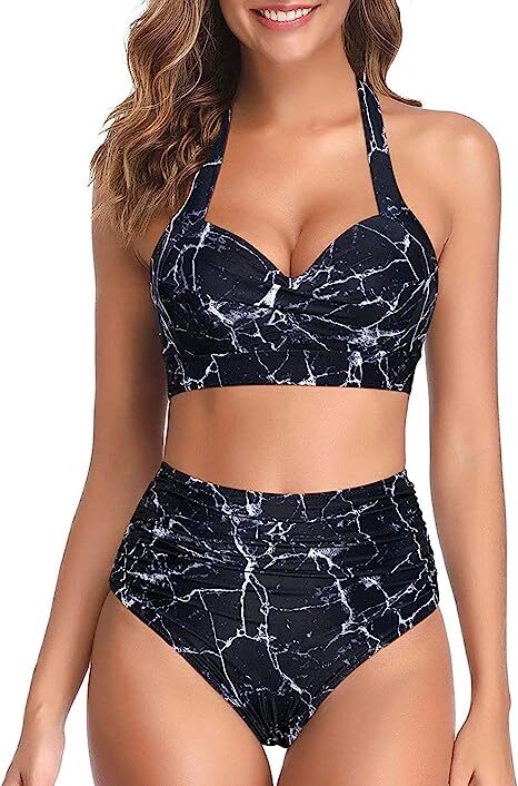 TYPE-02 Women Two Piece Vintage Swimsuit Retro Halter Ruched High Waist Bikini with Bottom