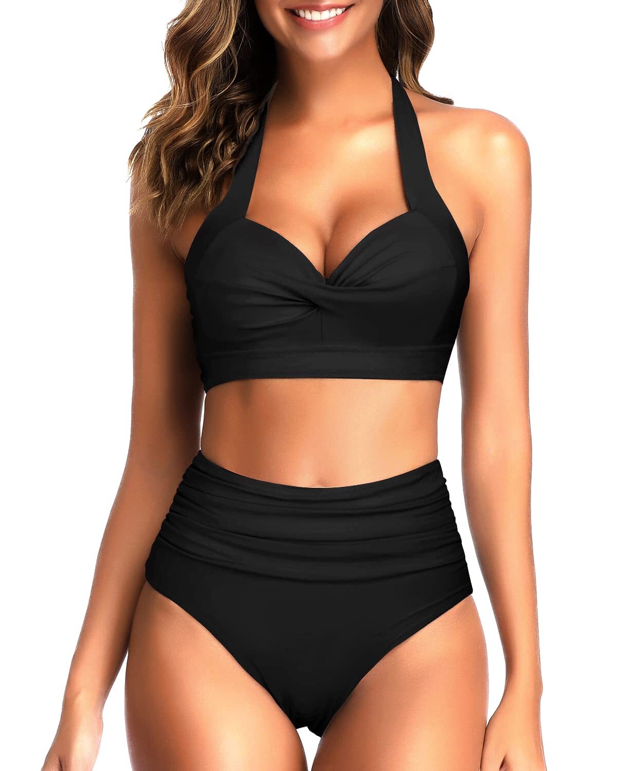 TYPE-01 Women Two Piece Vintage Swimsuit Retro Halter Ruched High Waist Bikini with Bottom