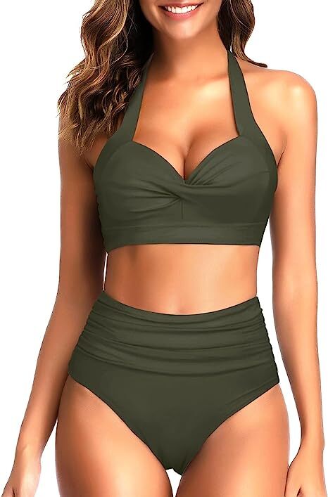 TYPE-03 Women Two Piece Vintage Swimsuit Retro Halter Ruched High Waist Bikini with Bottom